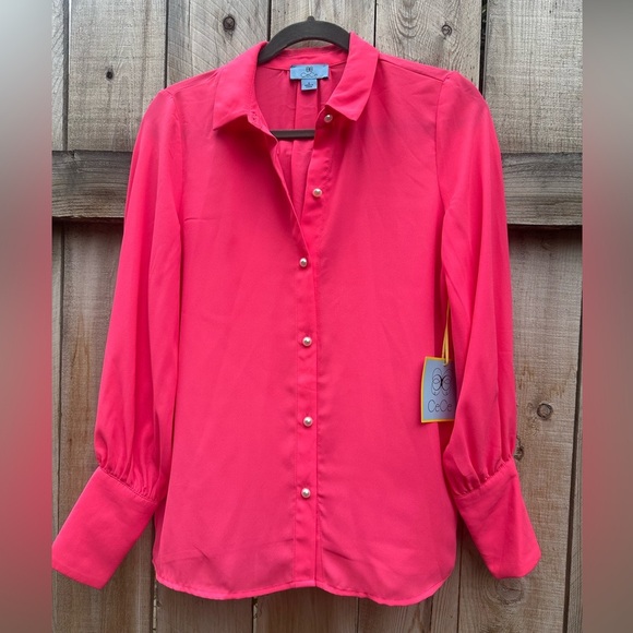 CeCe Pink Button Down Shirt with Notched Collar & Cuffed Sleeves Size Small NWT‎ - Picture 1 of 16